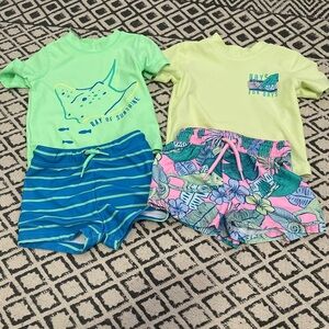 Carter's Kids Swim Set - Green and Yellow Tops with Blue and Pink Shorts